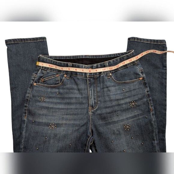 Chico's Dark Blue Denim Gray Beaded Y2K Midrise Ankle Jeans Women's Size 4R - Picture 9 of 12